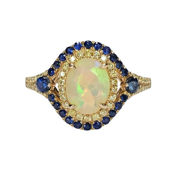 14k Gold Opal, Diamond & Sapphire Halo Ring, Size 10.5 Signed - Picture 4 of 6
